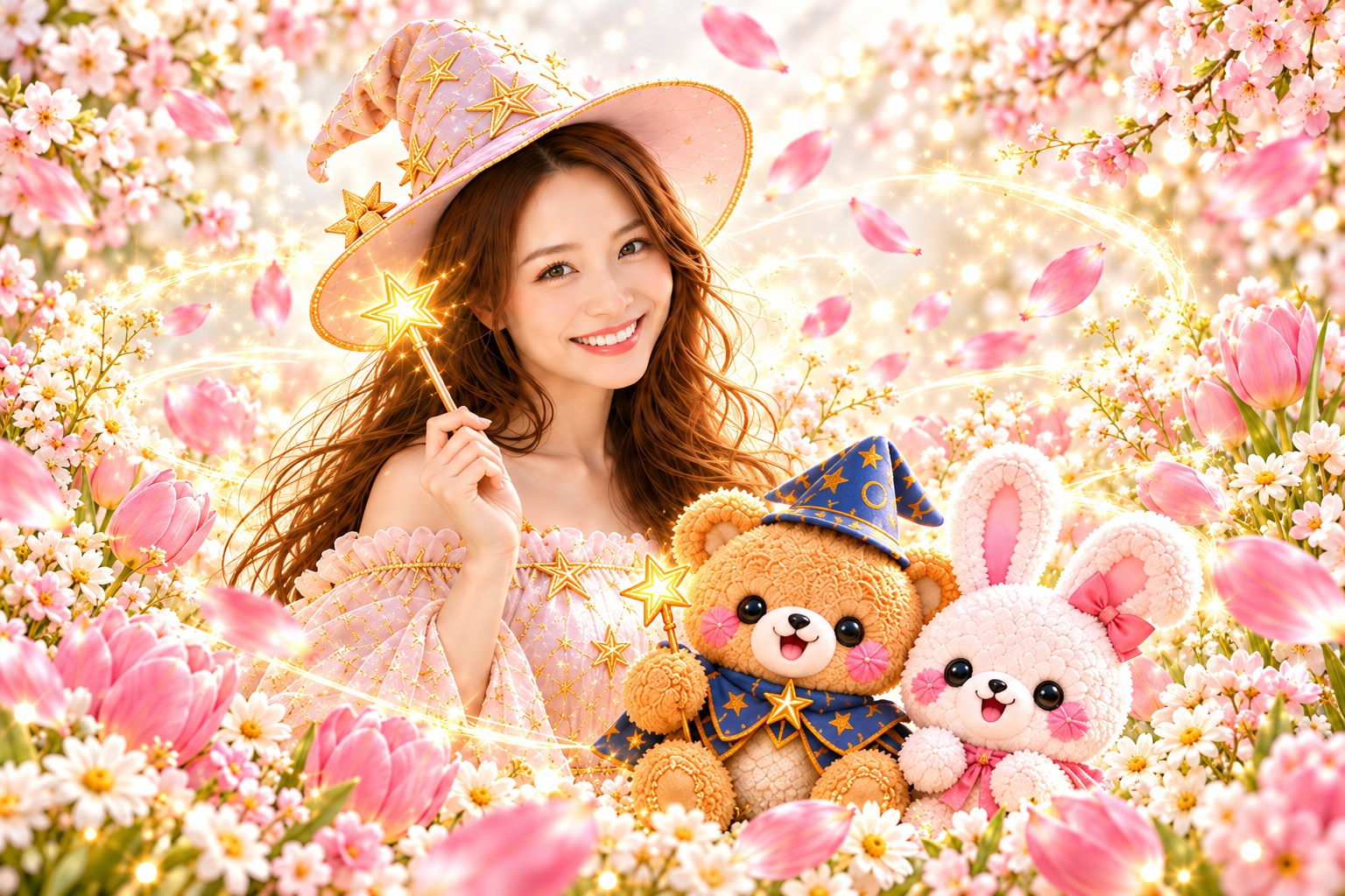 ピンクと金の魔法使いの女性、青い魔法帽のくま、ピンクのうさぎが、春の花と金色の光に包まれた世界観イメージ
